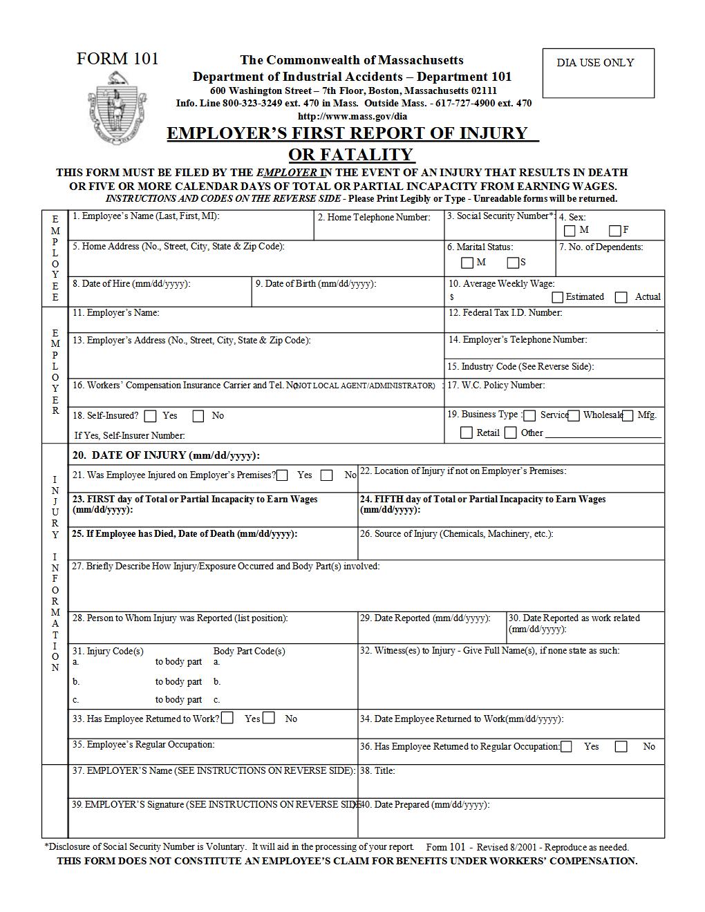 ACCIDENT REPORT FORM (MA FORM 101)